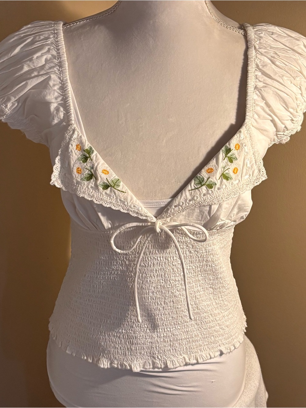 BDG Urban Outfitter Cropped Embroidered Blouse NWOT Floral Puff Sleeve Tie Front